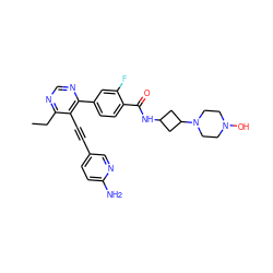 CCc1ncnc(-c2ccc(C(=O)NC3CC(N4CCN(O)CC4)C3)c(F)c2)c1C#Cc1ccc(N)nc1 ZINC000167356433