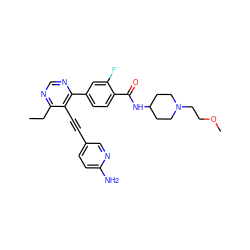 CCc1ncnc(-c2ccc(C(=O)NC3CCN(CCOC)CC3)c(F)c2)c1C#Cc1ccc(N)nc1 ZINC000167354202