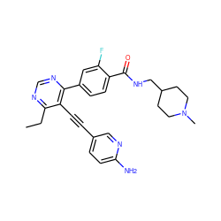 CCc1ncnc(-c2ccc(C(=O)NCC3CCN(C)CC3)c(F)c2)c1C#Cc1ccc(N)nc1 ZINC000148870199