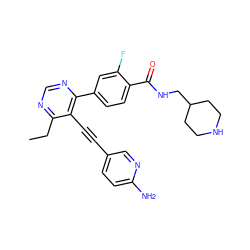 CCc1ncnc(-c2ccc(C(=O)NCC3CCNCC3)c(F)c2)c1C#Cc1ccc(N)nc1 ZINC000167416116