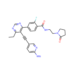 CCc1ncnc(-c2ccc(C(=O)NCCN3CCCC3=O)c(F)c2)c1C#Cc1ccc(N)nc1 ZINC000148276617