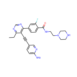 CCc1ncnc(-c2ccc(C(=O)NCCN3CCNCC3)c(F)c2)c1C#Cc1ccc(N)nc1 ZINC000167415368