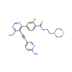 CCc1ncnc(-c2ccc(C(=O)NCCN3CCOCC3)c(C)c2)c1C#Cc1ccc(N)nc1 ZINC000167396124