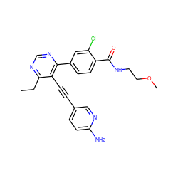 CCc1ncnc(-c2ccc(C(=O)NCCOC)c(Cl)c2)c1C#Cc1ccc(N)nc1 ZINC000148471130