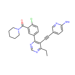 CCc1ncnc(-c2ccc(Cl)c(C(=O)N3CCCCC3)c2)c1C#Cc1ccc(N)nc1 ZINC000148865347