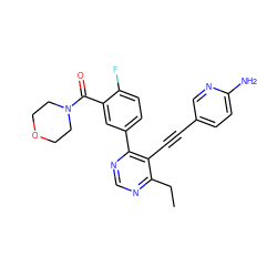 CCc1ncnc(-c2ccc(F)c(C(=O)N3CCOCC3)c2)c1C#Cc1ccc(N)nc1 ZINC000148750240