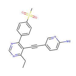 CCc1ncnc(-c2ccc(S(C)(=O)=O)cc2)c1C#Cc1ccc(N)nc1 ZINC000148383027