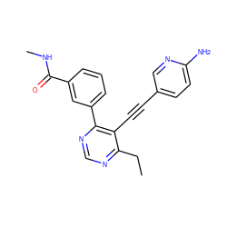 CCc1ncnc(-c2cccc(C(=O)NC)c2)c1C#Cc1ccc(N)nc1 ZINC000148951487