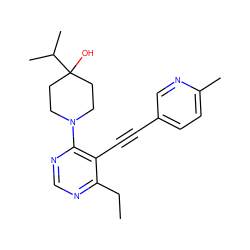 CCc1ncnc(N2CCC(O)(C(C)C)CC2)c1C#Cc1ccc(C)nc1 ZINC000148853555