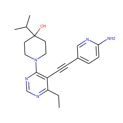 CCc1ncnc(N2CCC(O)(C(C)C)CC2)c1C#Cc1ccc(N)nc1 ZINC000072316387