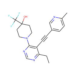 CCc1ncnc(N2CCC(O)(C(F)(F)F)CC2)c1C#Cc1ccc(C)nc1 ZINC000149199501