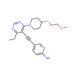 CCc1ncnc(N2CCC(OCCOC)CC2)c1C#Cc1ccc(N)nc1 ZINC000148895447