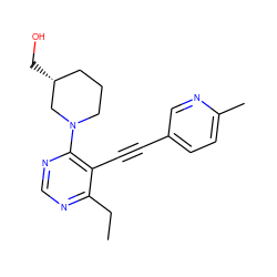 CCc1ncnc(N2CCC[C@@H](CO)C2)c1C#Cc1ccc(C)nc1 ZINC000149278957