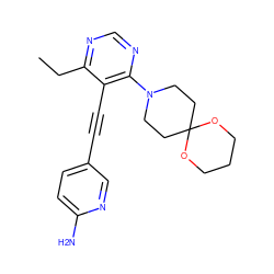 CCc1ncnc(N2CCC3(CC2)OCCCO3)c1C#Cc1ccc(N)nc1 ZINC000149160477