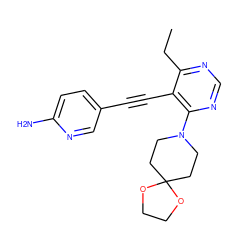 CCc1ncnc(N2CCC3(CC2)OCCO3)c1C#Cc1ccc(N)nc1 ZINC000149240513