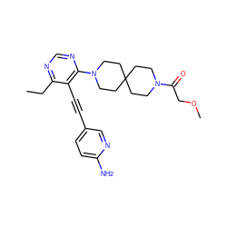 CCc1ncnc(N2CCC3(CCN(C(=O)COC)CC3)CC2)c1C#Cc1ccc(N)nc1 ZINC000149438450