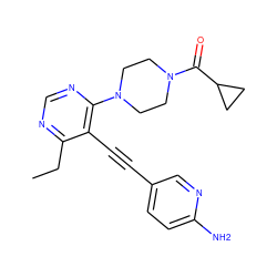 CCc1ncnc(N2CCN(C(=O)C3CC3)CC2)c1C#Cc1ccc(N)nc1 ZINC000149215872