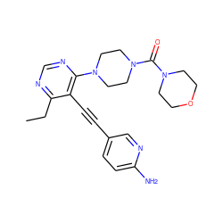 CCc1ncnc(N2CCN(C(=O)N3CCOCC3)CC2)c1C#Cc1ccc(N)nc1 ZINC000149476692