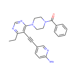 CCc1ncnc(N2CCN(C(=O)c3ccccc3)CC2)c1C#Cc1ccc(N)nc1 ZINC000149281029