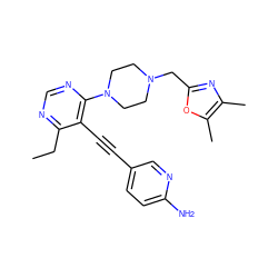 CCc1ncnc(N2CCN(Cc3nc(C)c(C)o3)CC2)c1C#Cc1ccc(N)nc1 ZINC000149477988