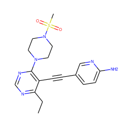 CCc1ncnc(N2CCN(S(C)(=O)=O)CC2)c1C#Cc1ccc(N)nc1 ZINC000169699818