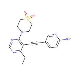 CCc1ncnc(N2CCS(=O)(=O)CC2)c1C#Cc1ccc(N)nc1 ZINC000149267403