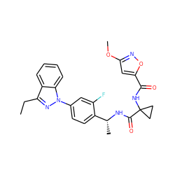 CCc1nn(-c2ccc([C@@H](C)NC(=O)C3(NC(=O)c4cc(OC)no4)CC3)c(F)c2)c2ccccc12 ZINC000072110992