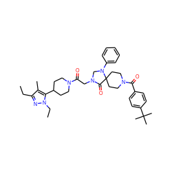 CCc1nn(CC)c(C2CCN(C(=O)CN3CN(c4ccccc4)C4(CCN(C(=O)c5ccc(C(C)(C)C)cc5)CC4)C3=O)CC2)c1C ZINC000072115372