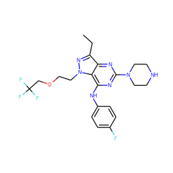 CCc1nn(CCOCC(F)(F)F)c2c(Nc3ccc(F)cc3)nc(N3CCNCC3)nc12 ZINC000035880287