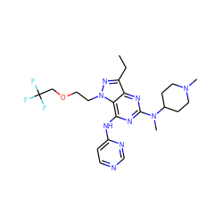 CCc1nn(CCOCC(F)(F)F)c2c(Nc3ccncn3)nc(N(C)C3CCN(C)CC3)nc12 ZINC000034643822