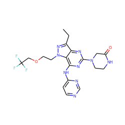 CCc1nn(CCOCC(F)(F)F)c2c(Nc3ccncn3)nc(N3CCNC(=O)C3)nc12 ZINC000049073262