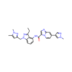 CCc1nn(Cc2cc(C)n(C)n2)c2cccc(NC(=O)c3cnc4cc(-c5cnn(C)c5)ccn34)c12 ZINC000169706582