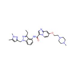 CCc1nn(Cc2cc(C)n(C)n2)c2cccc(NC(=O)c3cnc4cc(OCCN5CCN(C)CC5)ccn34)c12 ZINC000117895956