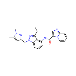 CCc1nn(Cc2cc(C)n(C)n2)c2cccc(NC(=O)c3cnc4ccccn34)c12 ZINC000117887494