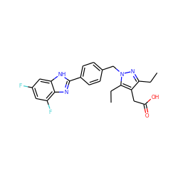 CCc1nn(Cc2ccc(-c3nc4c(F)cc(F)cc4[nH]3)cc2)c(CC)c1CC(=O)O ZINC001772644924