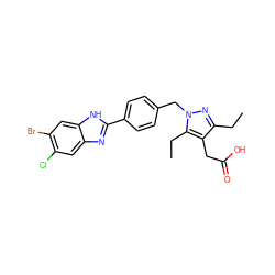 CCc1nn(Cc2ccc(-c3nc4cc(Cl)c(Br)cc4[nH]3)cc2)c(CC)c1CC(=O)O ZINC001772608127