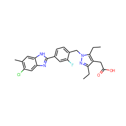 CCc1nn(Cc2ccc(-c3nc4cc(Cl)c(C)cc4[nH]3)cc2F)c(CC)c1CC(=O)O ZINC000203691602