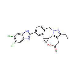 CCc1nn(Cc2ccc(-c3nc4cc(Cl)c(Cl)cc4[nH]3)cc2)c(C2CC2)c1CC(=O)O ZINC000203687968