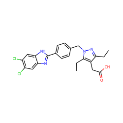 CCc1nn(Cc2ccc(-c3nc4cc(Cl)c(Cl)cc4[nH]3)cc2)c(CC)c1CC(=O)O ZINC001772634222