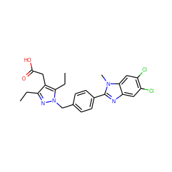 CCc1nn(Cc2ccc(-c3nc4cc(Cl)c(Cl)cc4n3C)cc2)c(CC)c1CC(=O)O ZINC001772620348