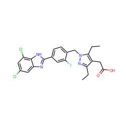 CCc1nn(Cc2ccc(-c3nc4cc(Cl)cc(Cl)c4[nH]3)cc2F)c(CC)c1CC(=O)O ZINC001772619305