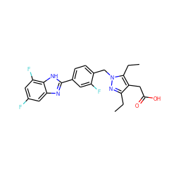 CCc1nn(Cc2ccc(-c3nc4cc(F)cc(F)c4[nH]3)cc2F)c(CC)c1CC(=O)O ZINC001772588399