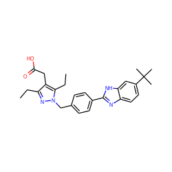 CCc1nn(Cc2ccc(-c3nc4ccc(C(C)(C)C)cc4[nH]3)cc2)c(CC)c1CC(=O)O ZINC000203687995