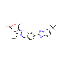 CCc1nn(Cc2ccc(-c3nc4ccc(C(C)(C)C)cc4[nH]3)cc2F)c(CC)c1CC(=O)O ZINC000203254343