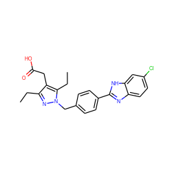 CCc1nn(Cc2ccc(-c3nc4ccc(Cl)cc4[nH]3)cc2)c(CC)c1CC(=O)O ZINC000203687957