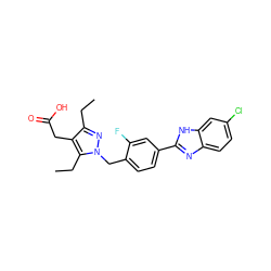 CCc1nn(Cc2ccc(-c3nc4ccc(Cl)cc4[nH]3)cc2F)c(CC)c1CC(=O)O ZINC001772570295