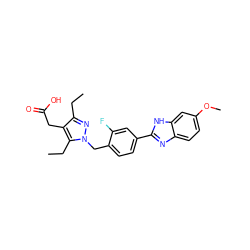 CCc1nn(Cc2ccc(-c3nc4ccc(OC)cc4[nH]3)cc2F)c(CC)c1CC(=O)O ZINC001772649848