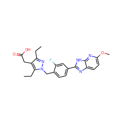 CCc1nn(Cc2ccc(-c3nc4ccc(OC)nc4[nH]3)cc2F)c(CC)c1CC(=O)O ZINC001772608285