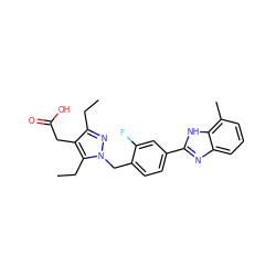 CCc1nn(Cc2ccc(-c3nc4cccc(C)c4[nH]3)cc2F)c(CC)c1CC(=O)O ZINC001772613694