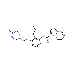 CCc1nn(Cc2ccc(C)nc2)c2cccc(NC(=O)c3cnc4ccccn34)c12 ZINC000169706584